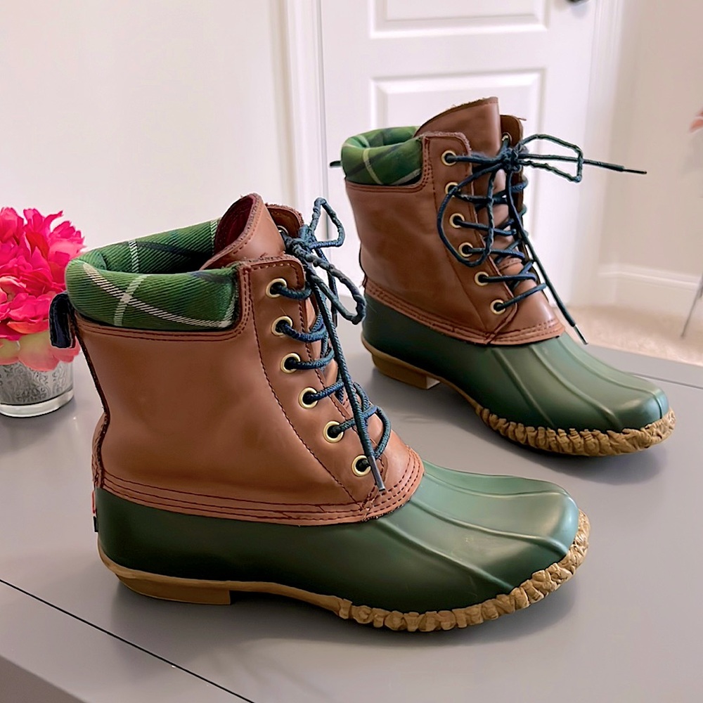 Tommy Hilfiger Brown Leather and Green Flannel Russel Rain Boots